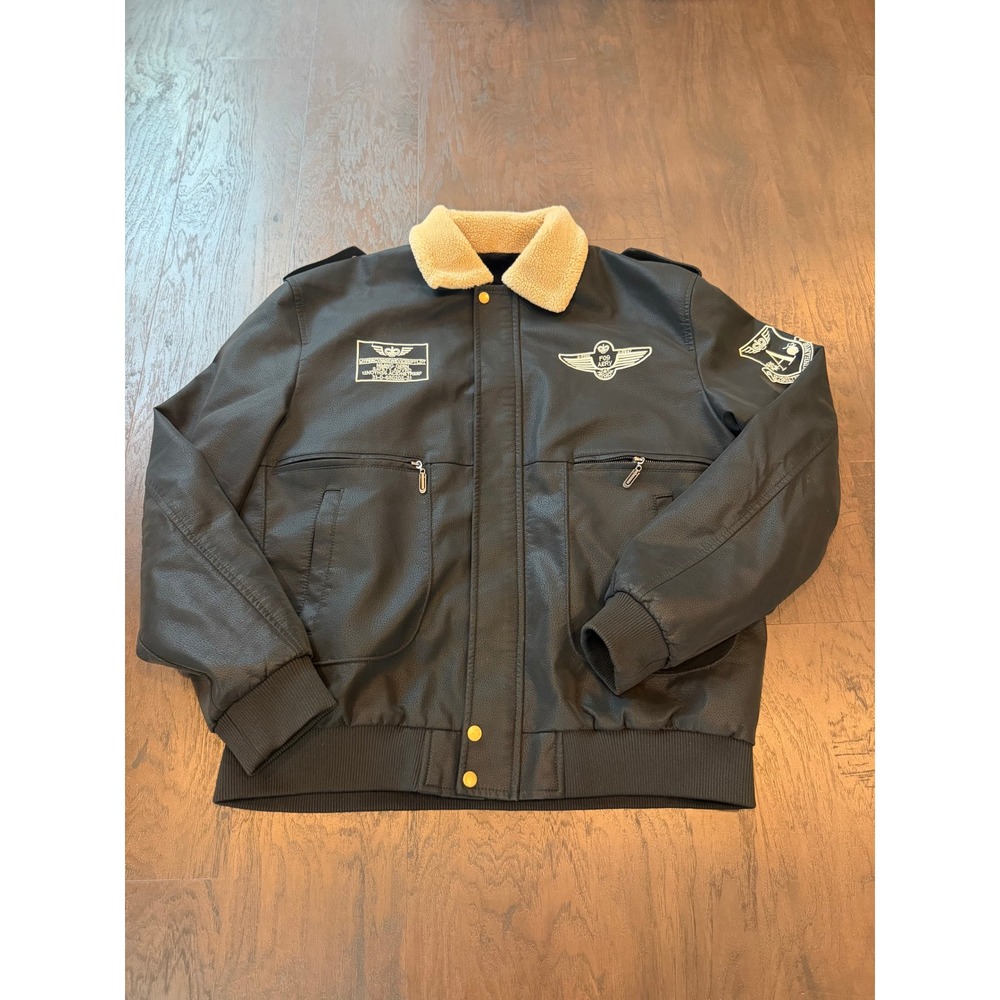 Men's Black Faux Leather Aviator Bomber Jacket Shearling Collar